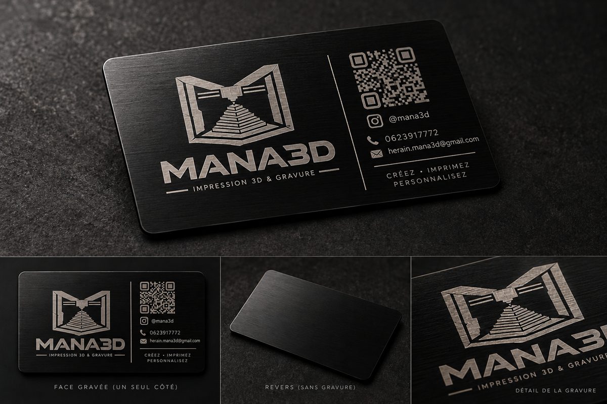 Carte de visite MANA3D en acier inoxydable noir, modèle NFC : face avant gravée, dos lisse